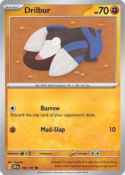 Pokémon card: Drilbur 108/191 from Surging Sparks (Common), Fighting type, front of card