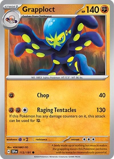 Pokémon card: Grapploct 113/191 from Surging Sparks (Common), Fighting type, front of card