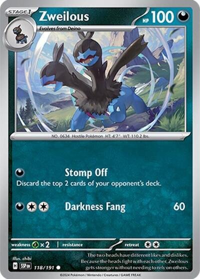 Pokémon card: Zweilous 118/191 from Surging Sparks (Common), Darkness type, front of card