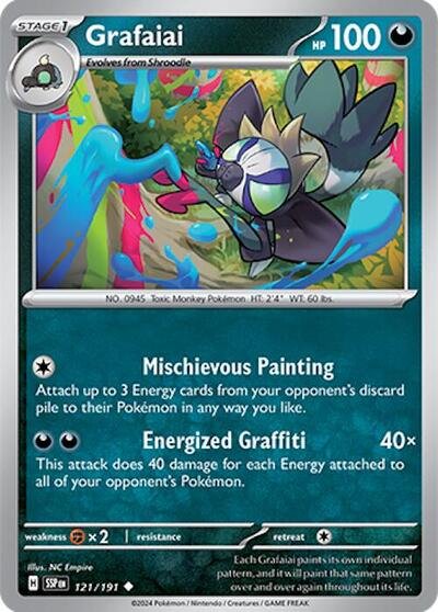 Pokémon card: Grafaiai 121/191 from Surging Sparks (Uncommon), Darkness type, front of card
