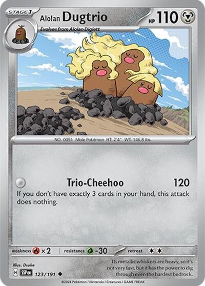 Pokémon card: Alolan Dugtrio 123/191 from Surging Sparks (Uncommon), Metal type, front of card