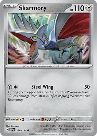 Pokémon card: Skarmory 124/191 from Surging Sparks (Common), Metal type, front of card