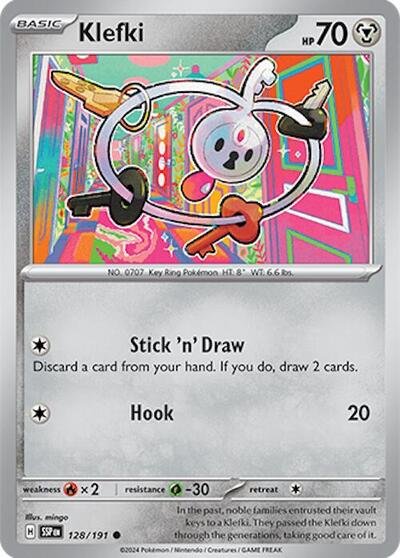 Pokémon card: Klefki 128/191 from Surging Sparks (Common), Metal type, front of card