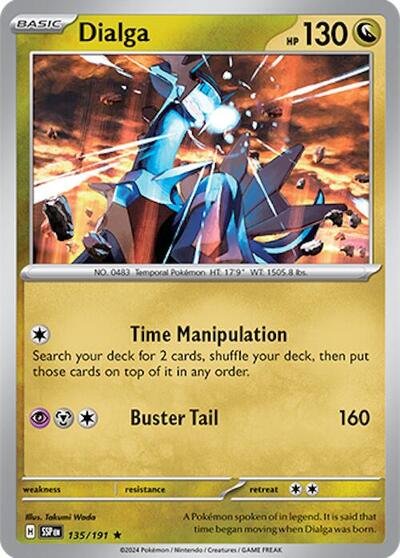 Pokémon card: Dialga 135/191 from Surging Sparks (Rare), Dragon type, front of card