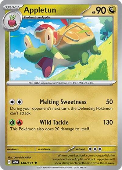Pokémon card: Appletun 140/191 from Surging Sparks (Uncommon), Dragon type, front of card