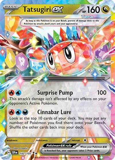 Pokémon card: Tatsugiri ex 142/191 from Surging Sparks (Double Rare), Dragon type, front of card
