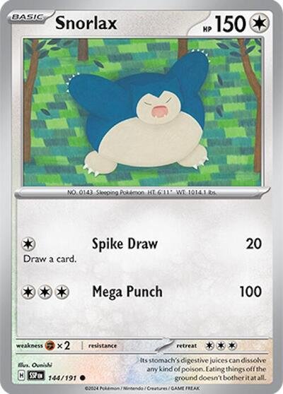 Pokémon card: Snorlax 144/191 from Surging Sparks (Common), Colorless type, front of card