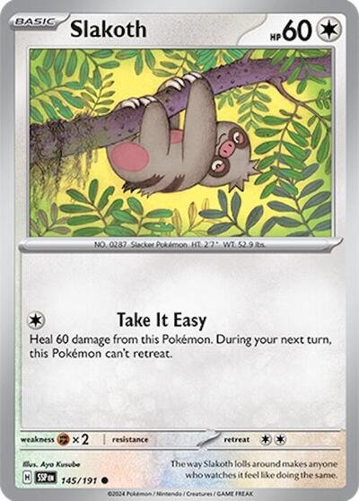Pokémon card: Slakoth 145/191 from Surging Sparks (Common), Colorless type, front of card