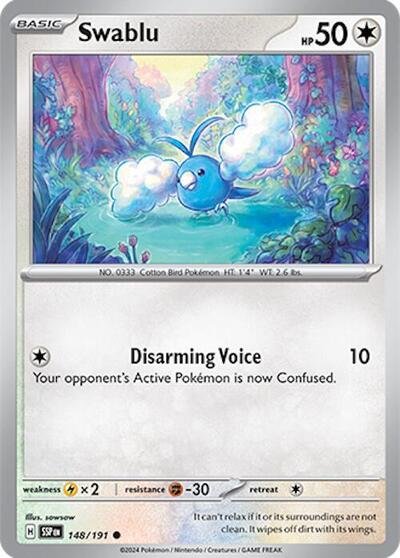 Pokémon card: Swablu 148/191 from Surging Sparks (Common), Colorless type, front of card