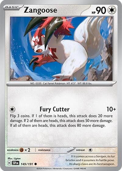 Pokémon card: Zangoose 149/191 from Surging Sparks (Common), Colorless type, front of card