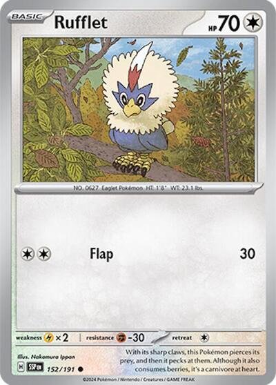 Pokémon card: Rufflet 152/191 from Surging Sparks (Common), Colorless type, front of card