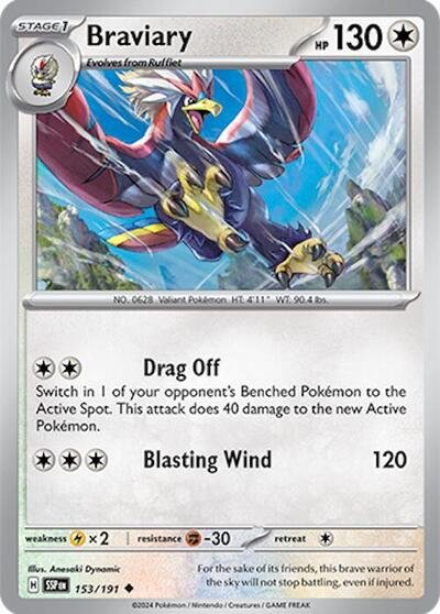 Pokémon card: Braviary 153/191 from Surging Sparks (Uncommon), Colorless type, front of card