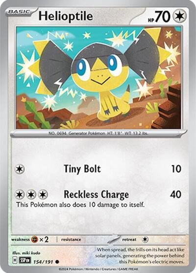 Pokémon card: Helioptile 154/191 from Surging Sparks (Common), Colorless type, front of card