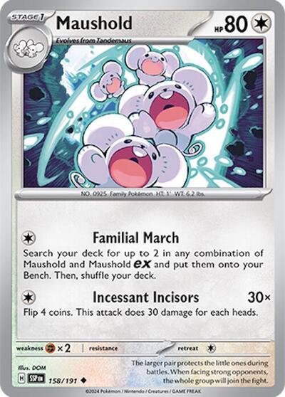 Pokémon card: Maushold 158/191 from Surging Sparks (Uncommon), Colorless type, front of card