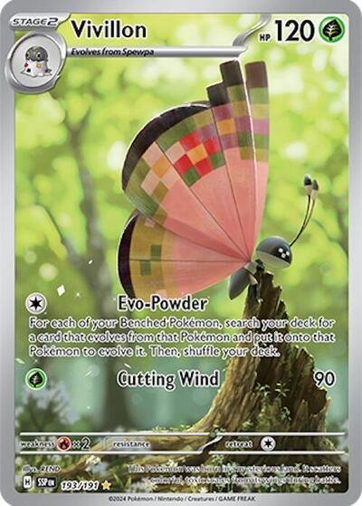 Pokémon card: Vivillon 193/191 from Surging Sparks (Illustration Rare), Grass type, front of card