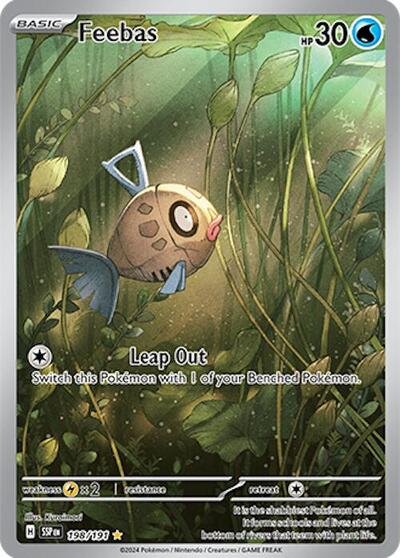 Pokémon card: Feebas 198/191 from Surging Sparks (Illustration Rare), Water type, front of card