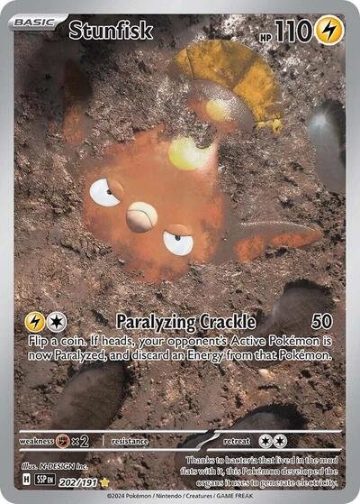 Pokémon card: Stunfisk 202/191 from Surging Sparks (Illustration Rare), Lightning type, front of card