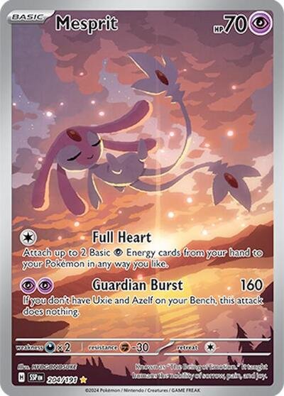 Pokémon card: Mesprit 204/191 from Surging Sparks (Illustration Rare), Psychic type, front of card