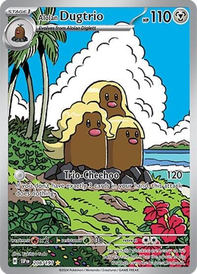 Pokémon card: Alolan Dugtrio 208/191 from Surging Sparks (Illustration Rare), Metal type, front of card