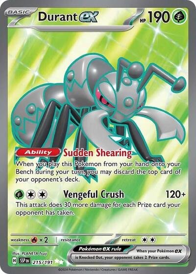Pokémon card: Durant ex 215/191 from Surging Sparks (Ultra Rare), Grass type, front of card