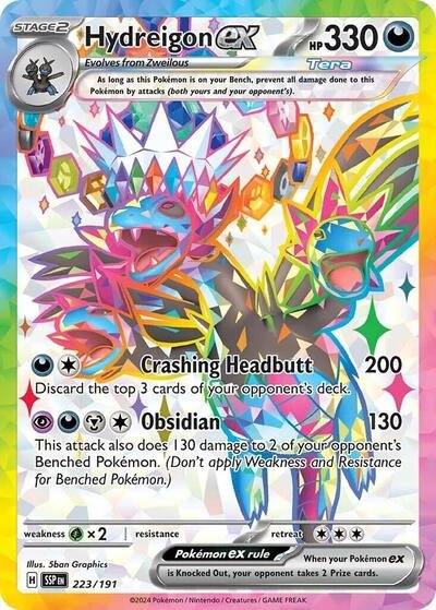Pokémon card: Hydreigon ex 223/191 from Surging Sparks (Ultra Rare), Darkness type, front of card