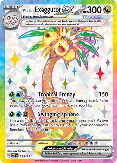 Pokémon card: Alolan Exeggutor ex 225/191 from Surging Sparks (Ultra Rare), Dragon type, front of card
