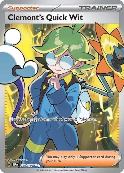 Pokémon card: Clemont's Quick Wit 229/191 from Surging Sparks (Ultra Rare), front of card