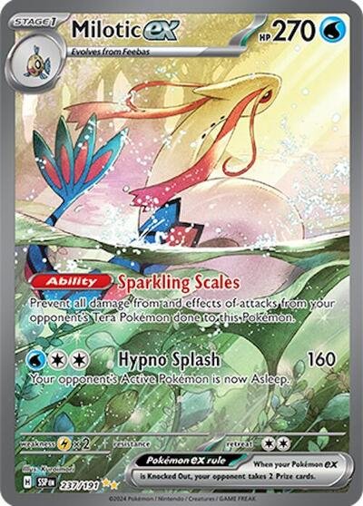 Pokémon card: Milotic ex 237/191 from Surging Sparks (Special Illustration Rare), Water type, front of card