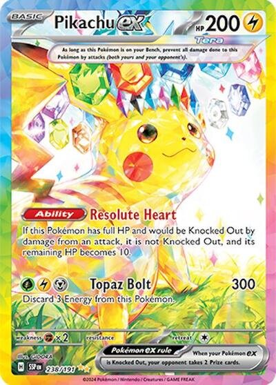 Pokémon card: Pikachu ex 238/191 from Surging Sparks (Special Illustration Rare), Lightning type, front of card