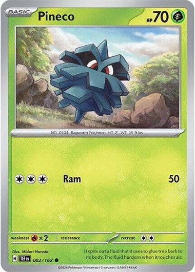 Pokémon card: Pineco 002/162 from Temporal Forces (Common), Grass type, front of card