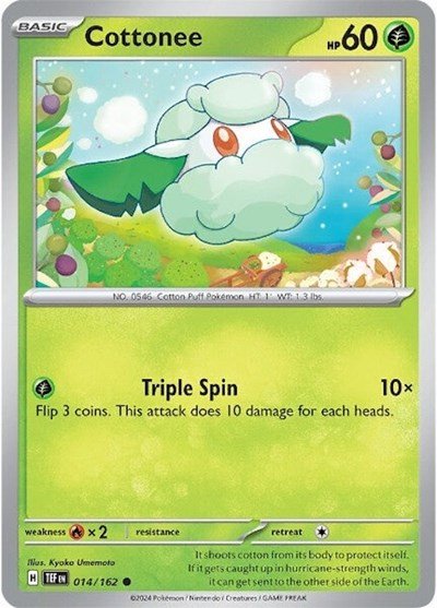 Pokémon card: Cottonee 014/162 from Temporal Forces (Common), Grass type, front of card