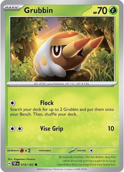 Pokémon card: Grubbin 018/162 from Temporal Forces (Common), Grass type, front of card
