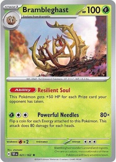 Pokémon card: Brambleghast 021/162 from Temporal Forces (Rare), Grass type, front of card
