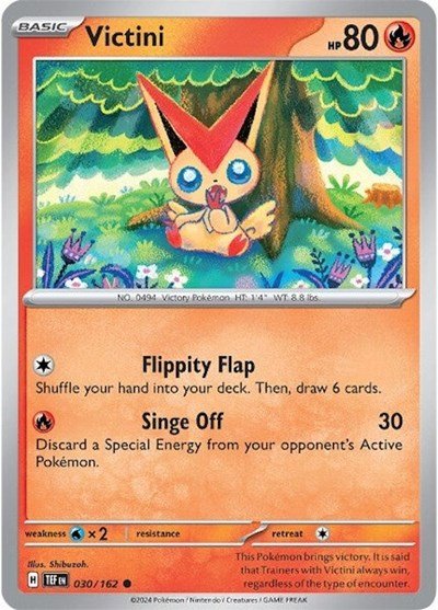 Pokémon card: Victini 030/162 from Temporal Forces (Common), Fire type, front of card