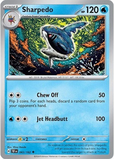 Pokémon card: Sharpedo 043/162 from Temporal Forces (Uncommon), Water type, front of card