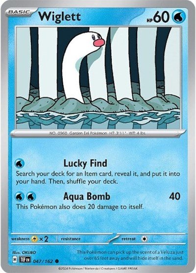 Pokémon card: Wiglett 047/162 from Temporal Forces (Common), Water type, front of card