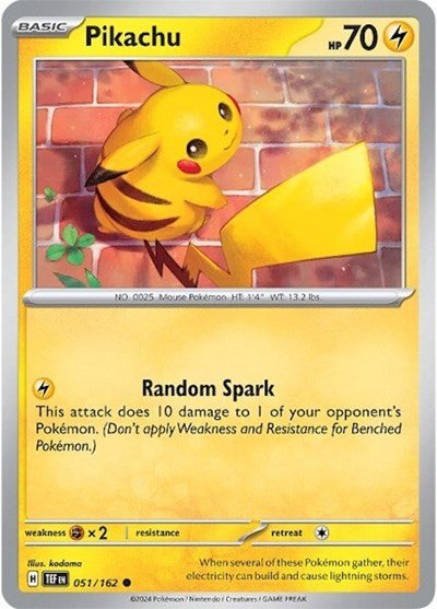 Pokémon card: Pikachu 051/162 from Temporal Forces (Common), Lightning type, front of card