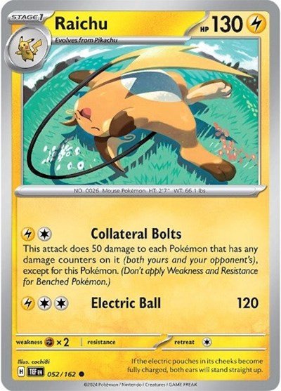 Pokémon card: Raichu 052/162 from Temporal Forces (Common), Lightning type, front of card