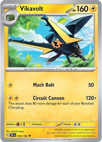 Pokémon card: Vikavolt 056/162 from Temporal Forces (Uncommon), Lightning type, front of card
