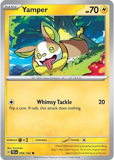 Pokémon card: Yamper 058/162 from Temporal Forces (Common), Lightning type, front of card