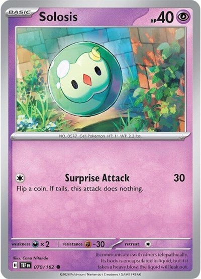 Pokémon card: Solosis 070/162 from Temporal Forces (Common), Psychic type, front of card