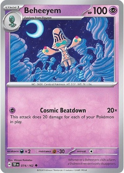 Pokémon card: Beheeyem 074/162 from Temporal Forces (Uncommon), Psychic type, front of card