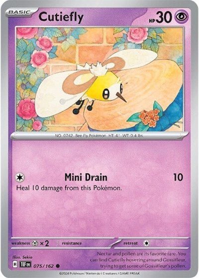 Pokémon card: Cutiefly 075/162 from Temporal Forces (Common), Psychic type, front of card