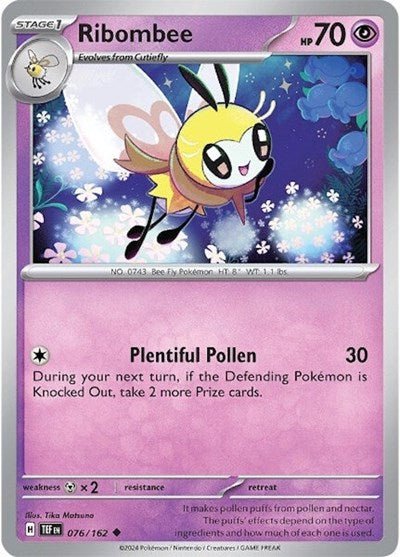 Pokémon card: Ribombee 076/162 from Temporal Forces (Uncommon), Psychic type, front of card