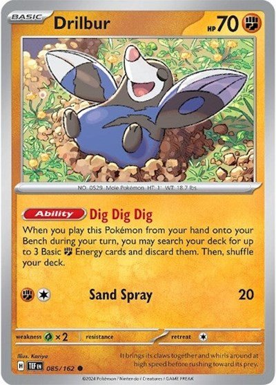 Pokémon card: Drilbur 085/162 from Temporal Forces (Common), Fighting type, front of card