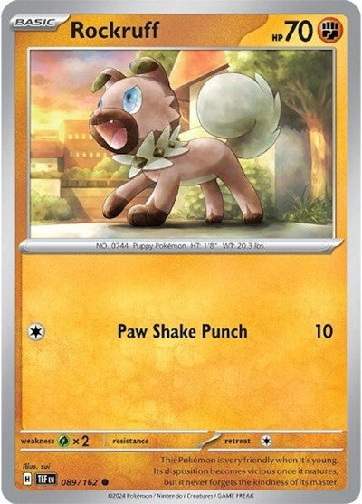 Pokémon card: Rockruff 089/162 from Temporal Forces (Common), Fighting type, front of card