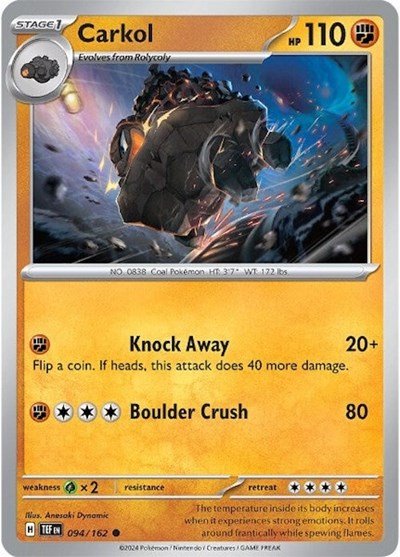 Pokémon card: Carkol 094/162 from Temporal Forces (Common), Fighting type, front of card