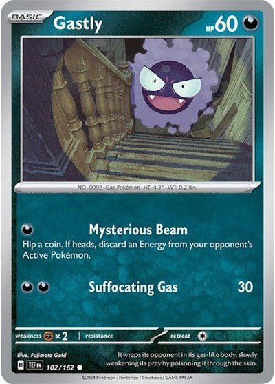 Pokémon card: Gastly 102/162 from Temporal Forces (Common), Darkness type, front of card