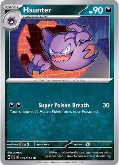 Pokémon card: Haunter 103/162 from Temporal Forces (Common), Darkness type, front of card