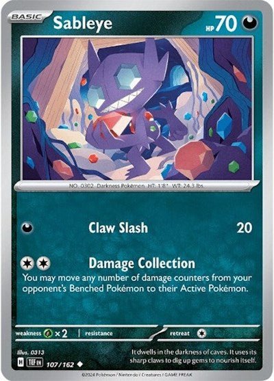 Pokémon card: Sableye 107/162 from Temporal Forces (Uncommon), Darkness type, front of card